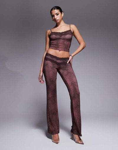 I.AM.GIA I.AM.GIA Beau double lace trim v front flared pants in brown snake print - part of a set