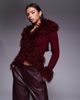 I.AM.GIA I.AM.GIA Cressida compact knit shaggy faux fur trim zip up cardigan in burgundy-Red - 1