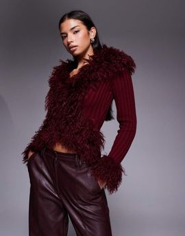 I.AM.GIA I.AM.GIA Cressida compact knit shaggy faux fur trim zip up cardigan in burgundy-Red