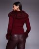 I.AM.GIA I.AM.GIA Cressida compact knit shaggy faux fur trim zip up cardigan in burgundy-Red - 4