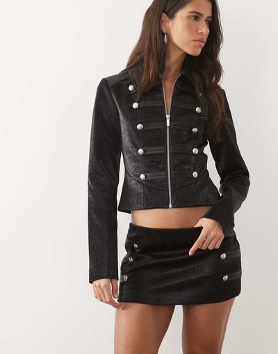 I.am.gia Idalia Faux Leather Napoleon Button Detail Military Jacket Set In Black Croc
