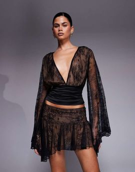 I.AM.GIA I.AM.GIA Stevie lace deep plunge flute sleeve top in black - part of a set
