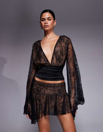I.AM.GIA I.AM.GIA Stevie lace deep plunge flute sleeve top in black - part of a set
