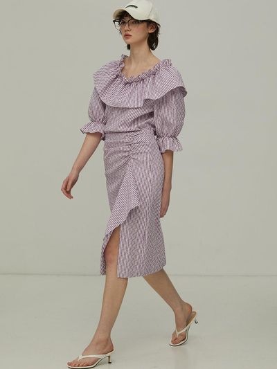 Iannmore Asymmetric Shirring Seersucker Skirt _Violet