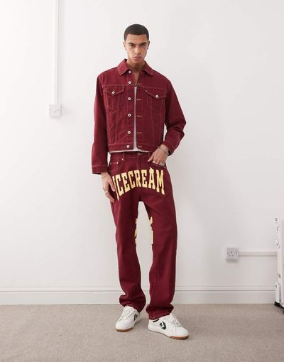 ICECREAM ICECREAM denim straight leg jeans with back print logo in burgundy - part of a set-Red
