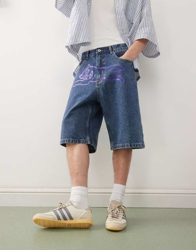 ICECREAM ICECREAM running dog baggy denim shorts in dark wash blue