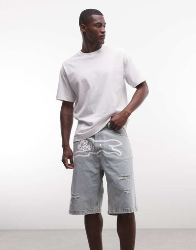 ICECREAM ICECREAM running dog denim distressed shorts in heavy wash blue