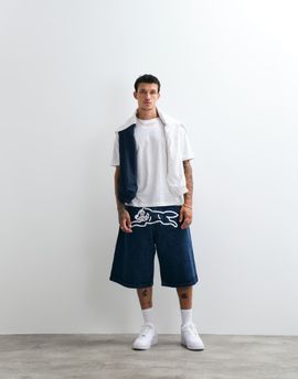 ICECREAM ICECREAM scoop denim jorts with running dog in mid wash blue