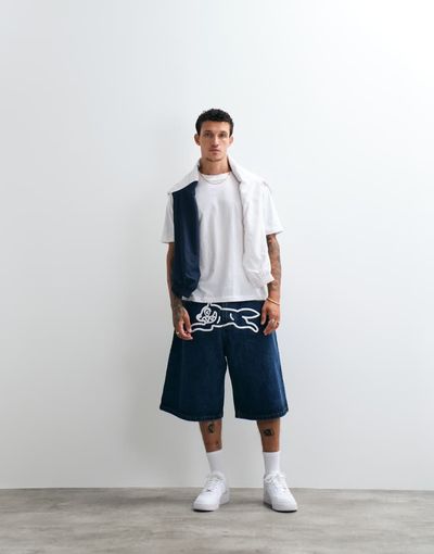 ICECREAM ICECREAM scoop denim jorts with running dog in mid wash blue
