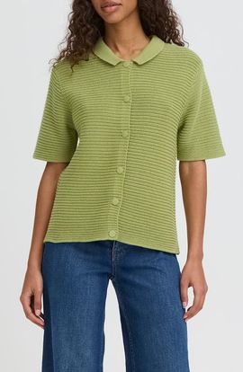 ICHI ICHI Ihdemue Textured Cotton Snap-Up Polo Sweater
