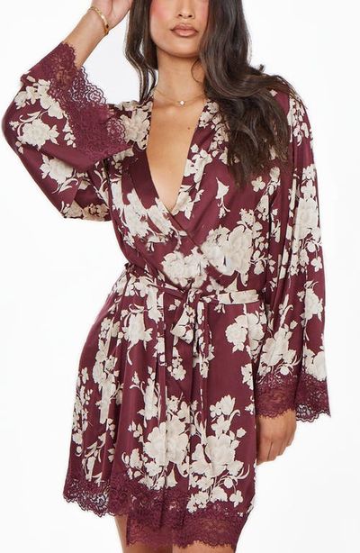 iCollection iCollection Floral Print Lace-Trimmed Satin Robe