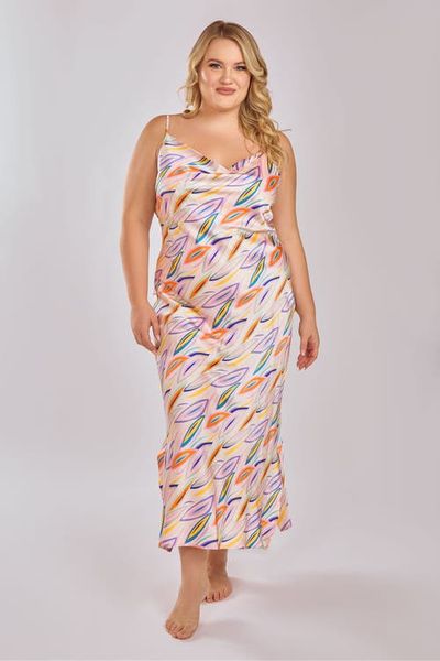 iCollection iCollection Print Satin Gown with Cowl Neck and Adjustable Straps
