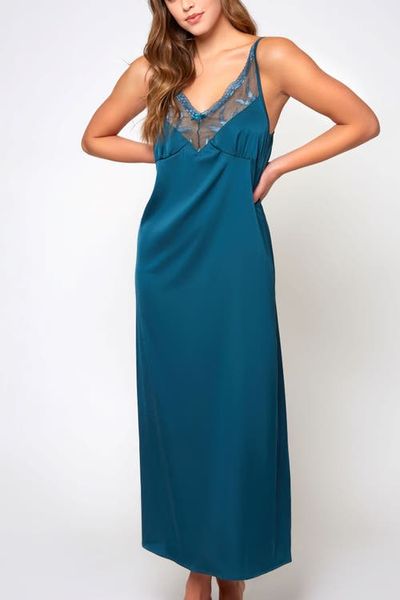 iCollection iCollection Satin Embroidered Mesh Long Nightgown