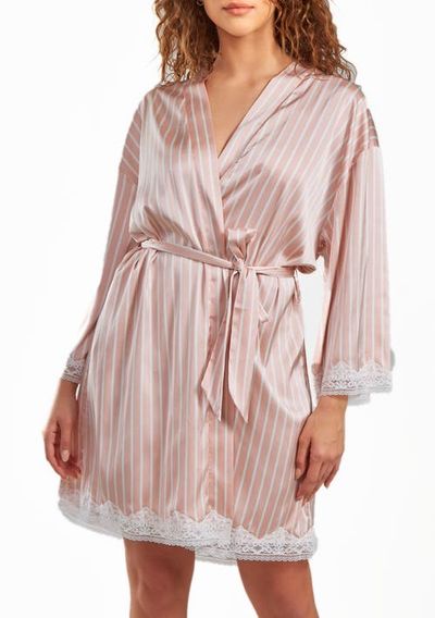 iCollection iCollection Silky Satin Stripe Lace Robe Mid-Thigh Length