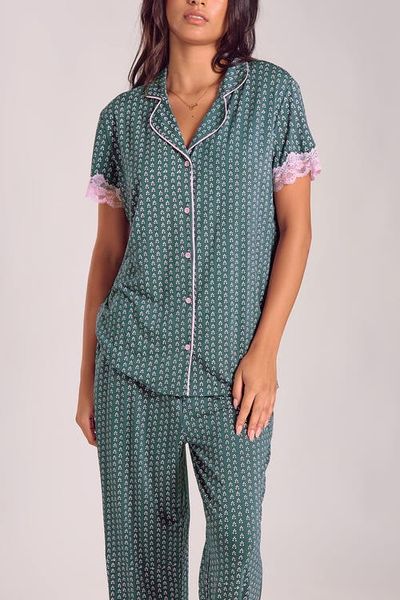 iCollection iCollection Viscose Lace-Trim Pajama Set with Cropped Pants