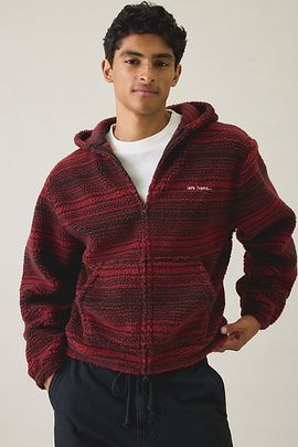 iets frans... iets frans. iets frans… Stripe Hi Pile Fleece Hooded Jacket in Maroon, Men's at Urban Outfitters