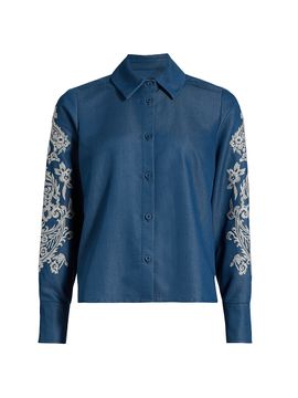 If Only Studio Women's Embroidered Chambray Button-Front Shirt