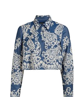 If Only Studio Women's Embroidered Chambray Crop Long-Sleeve Shirt