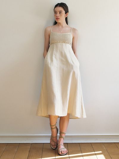 Ike Berna_Linen Smocking Sleeveless Dress - Beige