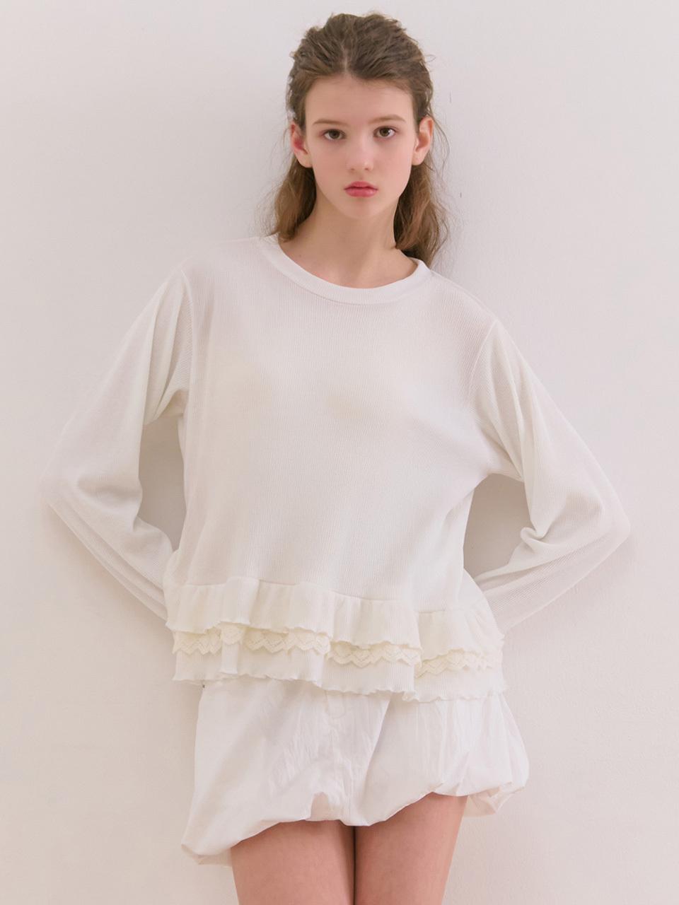 ILLUSELLE LACE SHIRRING RIBBED T-SHIRT [WHITE]