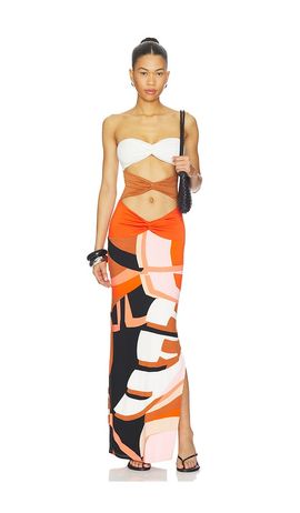 Indah Indah Charlie Printed Maxi Dress With Solid Bandeau Panels