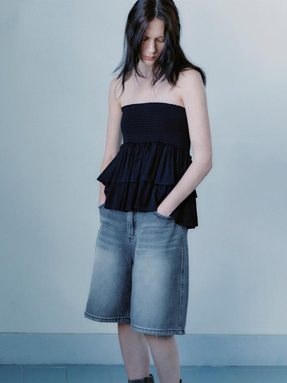 INSILENCE WOMEN Wide Bermuda Denim Pants Dark Grey