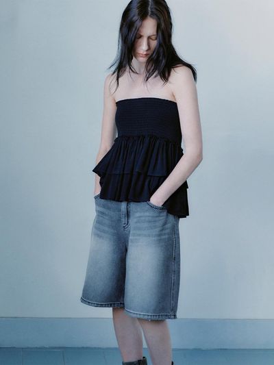 INSILENCE WOMEN Wide Bermuda Denim Pants Dark Grey