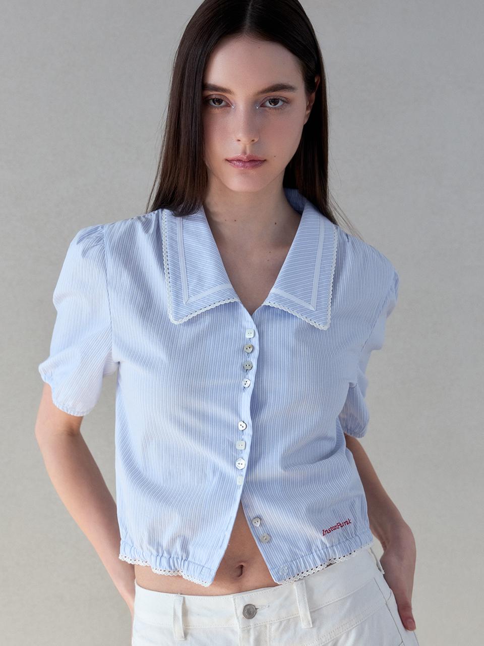 INSTANTFUNK Crop Short-Sleeve Blouse [Blue]
