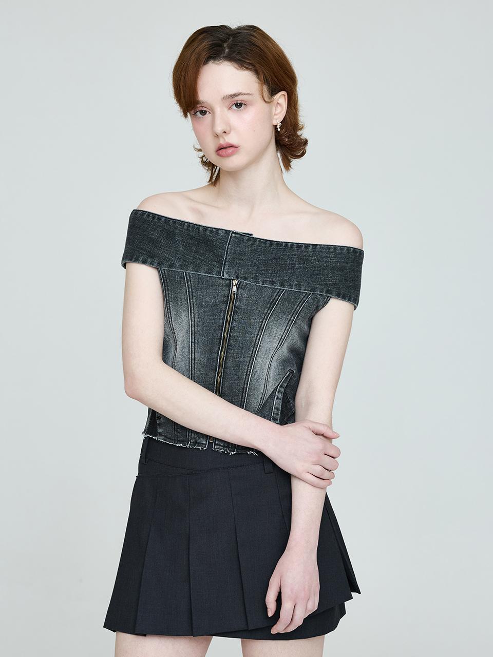 INSTANTFUNK Denim Off-Shoulder Tank [Gray]