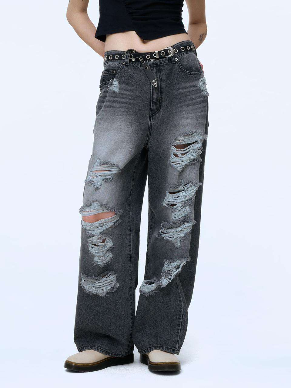 INSTANTFUNK Distressed Wide Denim Pants [Black]