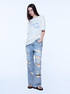 INSTANTFUNK Distressed Wide Denim Pants [Light Blue]