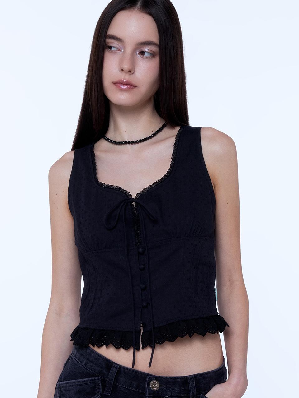 INSTANTFUNK Frill Ribbon Sleeveless Tank [Black]