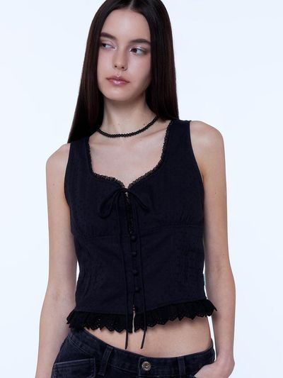 INSTANTFUNK Frill Ribbon Sleeveless Tank [Black]