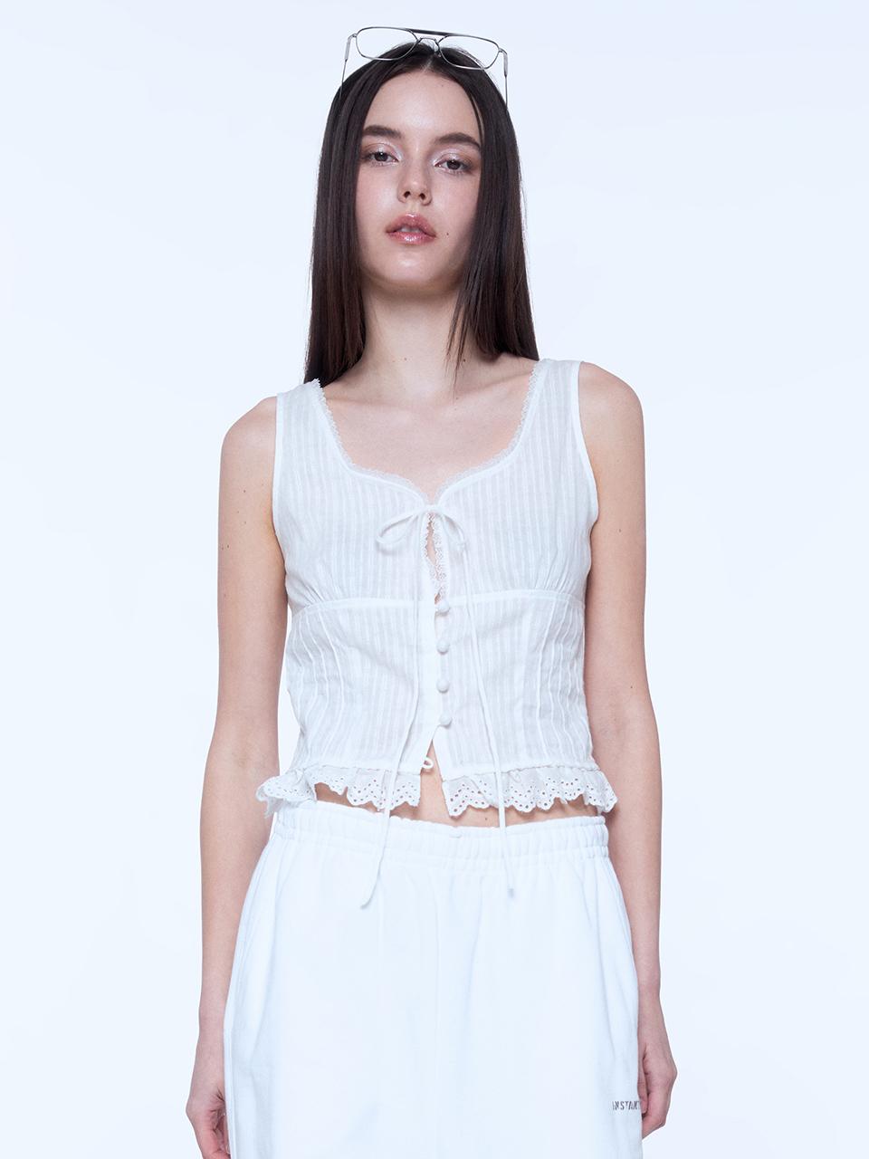 INSTANTFUNK Frill Ribbon Sleeveless Tank [White]