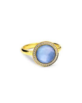 Ippolita Ippolita 18K Yellow Gold Lollipop Quartz over Mother of Pearl over Lapis Triplet & Diamond Halo Ring