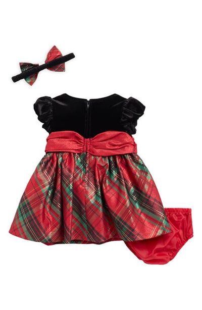 Iris & Ivy Iris & Ivy Plaid Velvet Dress, Headband & Diaper Cover Set