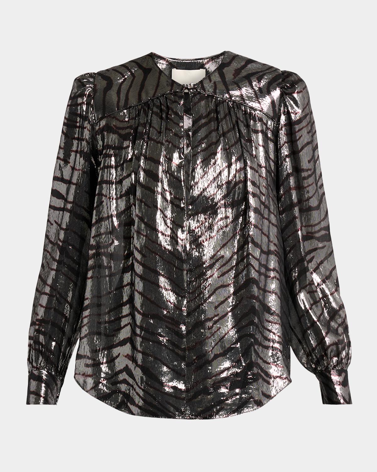 Isabel Marant Farali Metallic Tiger-Print Silk Gathered Blouse