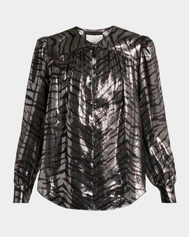 Isabel Marant Farali Metallic Tiger-Print Silk Gathered Blouse