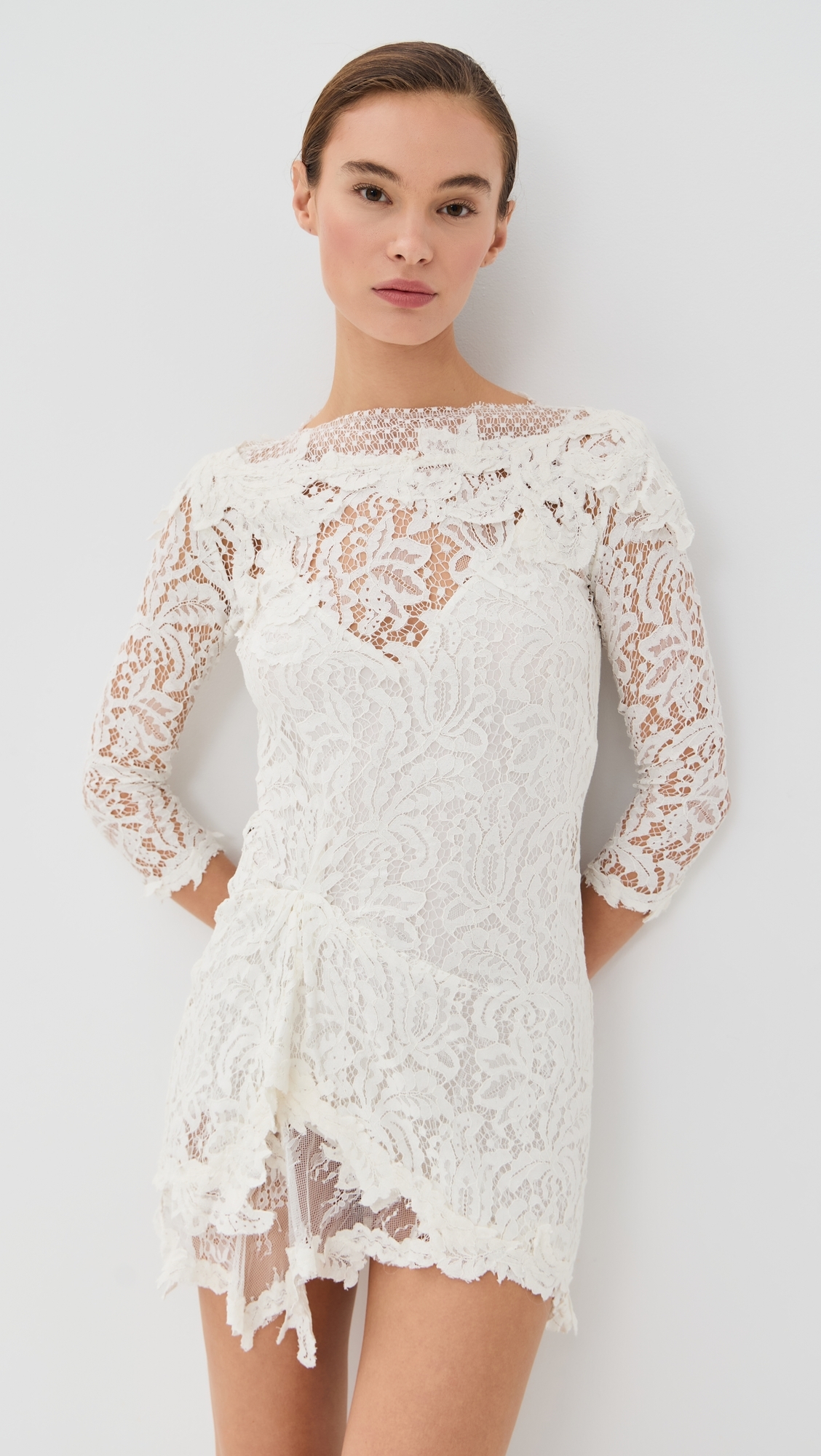 high neck lace prom dress Embroidered Lace Glitter Illusion V-Neck Long Prom Dress main image 1