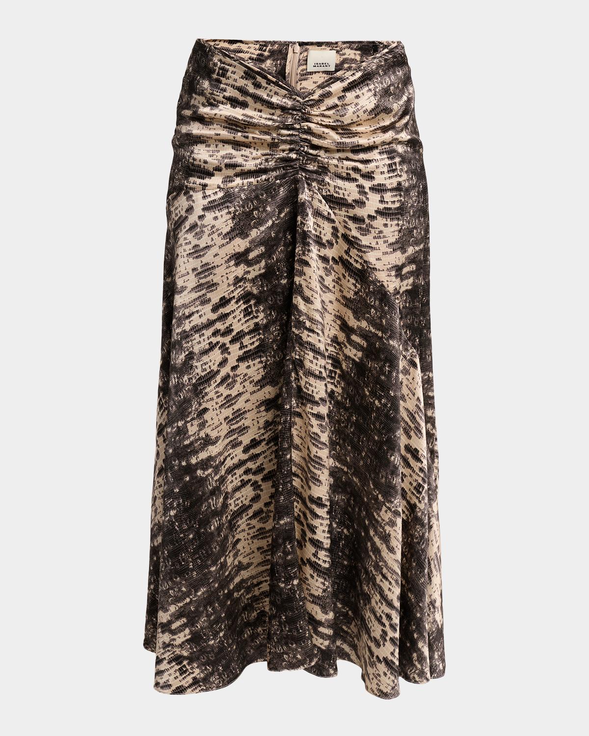 Isabel Marant Laren Python-Print Ruched Silk Midi Skirt