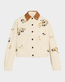 Isabel Marant Lavine Embroidered Cotton Leather-Collar Barn Jacket