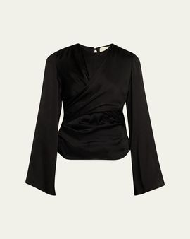 Isabel Marant Neame Draped Satin Flare-Sleeve Top