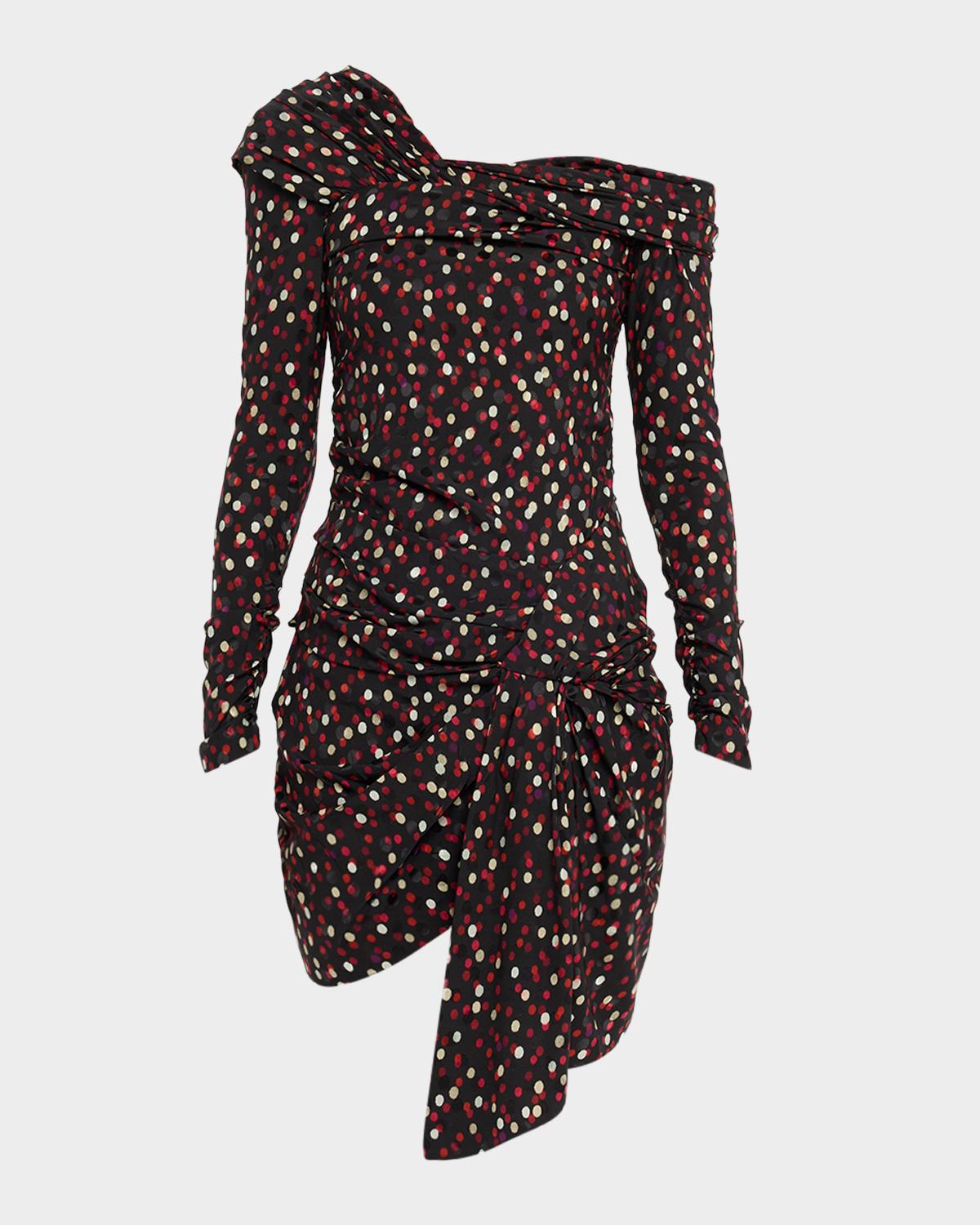 Isabel Marant Velari Off-The-Shoulder Polka-Dot Long-Sleeve Mini Dress
