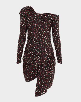 Isabel Marant Velari Off-The-Shoulder Polka-Dot Long-Sleeve Mini Dress