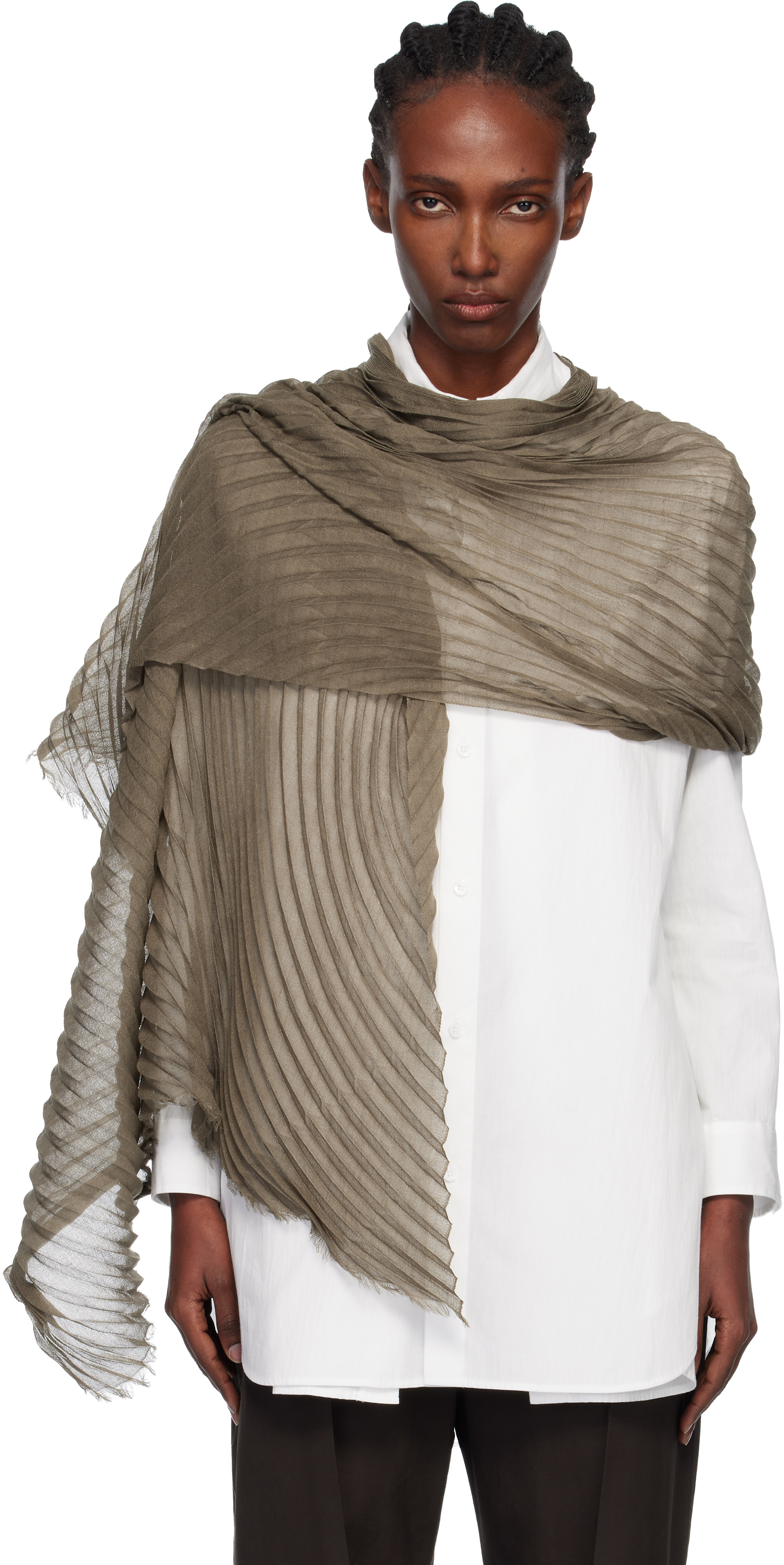 小物 me ISSEY MIYAKE PLEATS STOLE ISSEY MIYAKE - Khaki Silk Wool Pleats Stole Scarf
