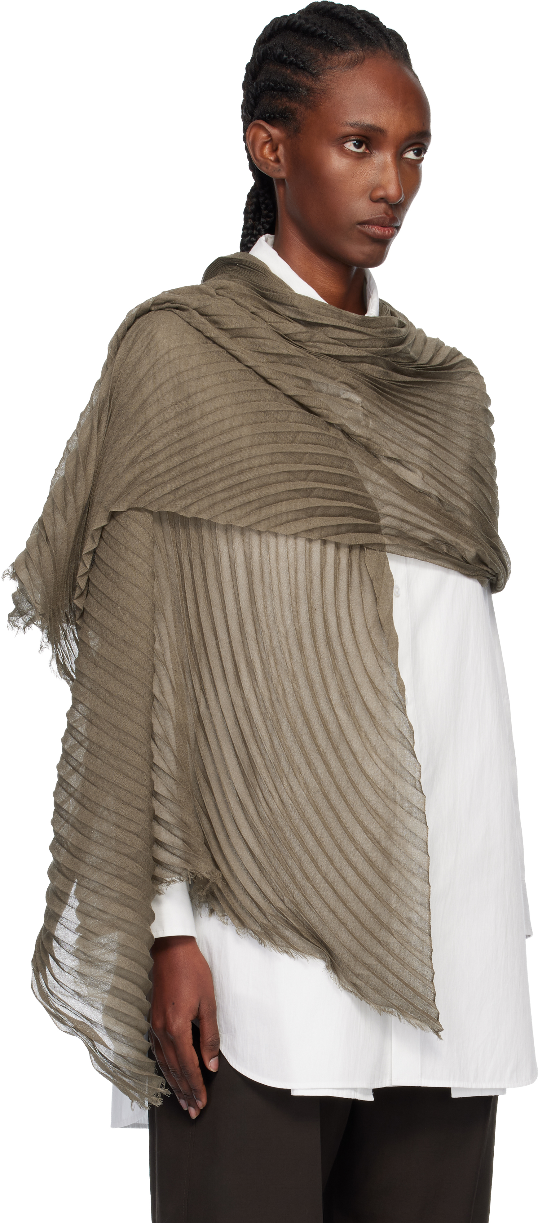 ISSEY MIYAKE - Khaki Silk Wool Pleats Stole Scarf