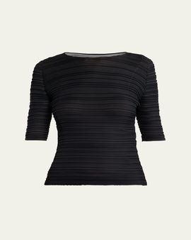 Issey Miyake Jiggly Pleated Plisse Elbow-Sleeve Top