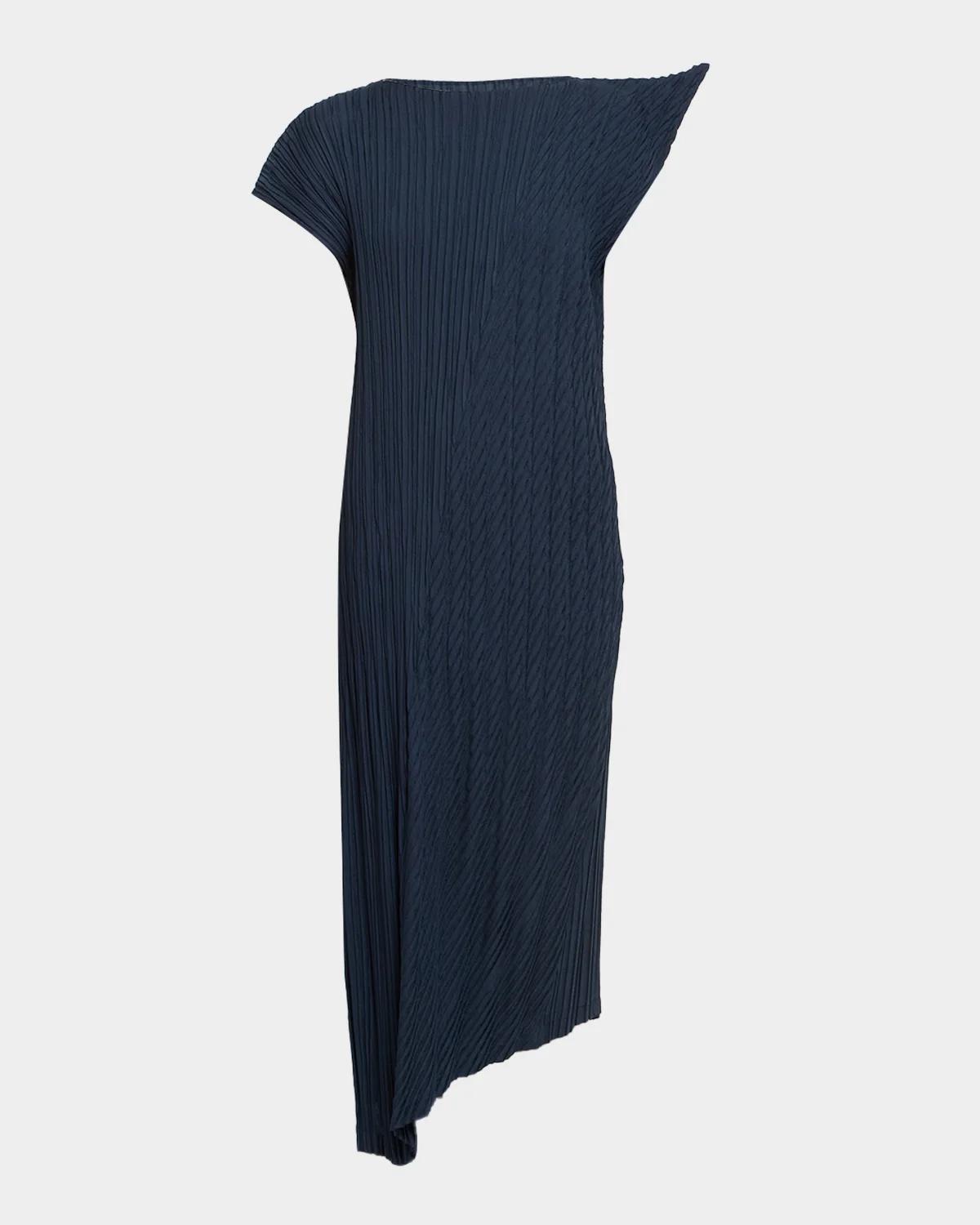 Issey Miyake Unfurling Pleats Cap-Sleeve Asymmetric Midi Dress