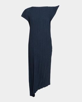 Issey Miyake Unfurling Pleats Cap-Sleeve Asymmetric Midi Dress