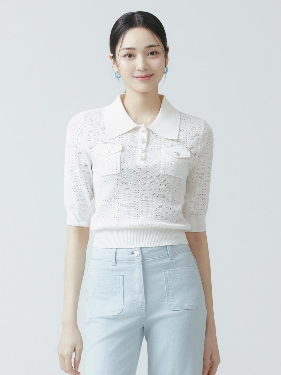 IT MICHAA Collar Eyelet Cropped Knit Sweater